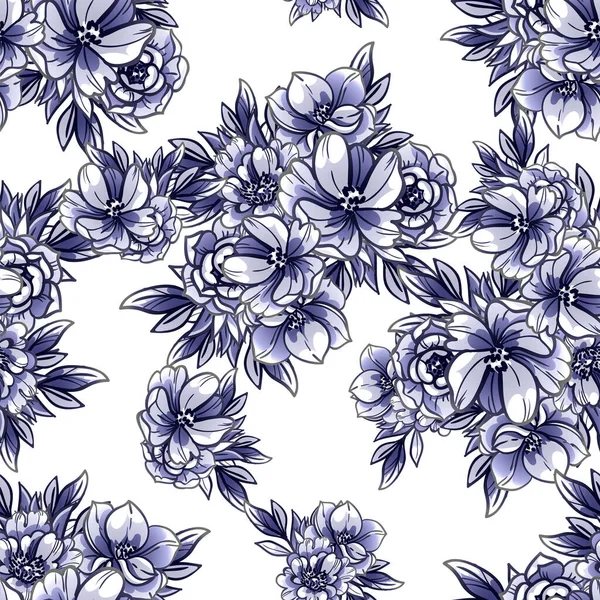 Senza Cuciture Blu Monocromatico Modello Fiori Stile Vintage — Vettoriale Stock