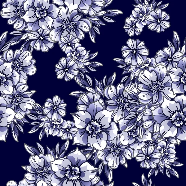 Zökkenőmentes Kék Monokróm Vintage Stílusú Virágok Minta — Stock Vector