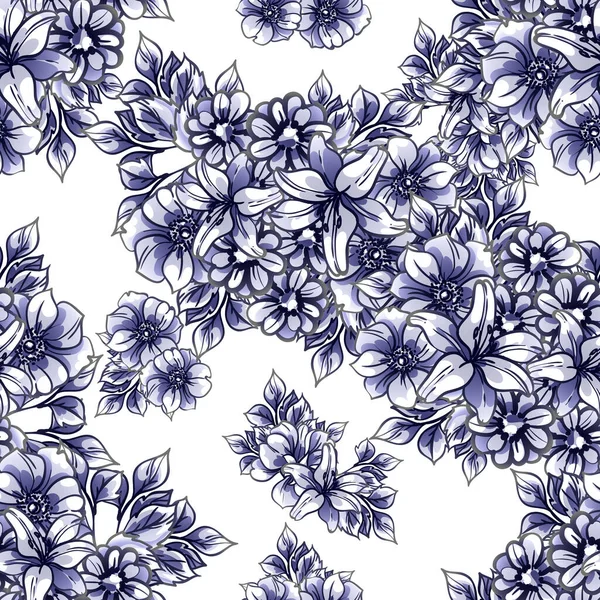 Sans Couture Bleu Monochrome Motif Fleurs Style Vintage — Image vectorielle