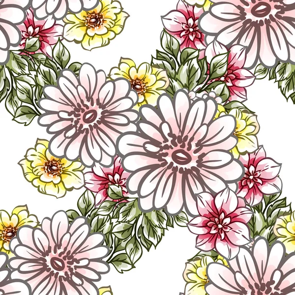 Colorato Stile Vintage Fiori Modello Senza Soluzione Continuità — Vettoriale Stock