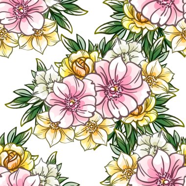 Kusursuz eski tarz süslemeli çiçek deseni. Çiçeksel elementler konturda