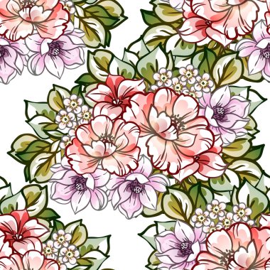 Kusursuz eski tarz süslemeli çiçek deseni. Çiçeksel elementler konturda