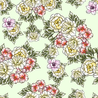 Kusursuz eski tarz süslemeli çiçek deseni. Çiçeksel elementler konturda