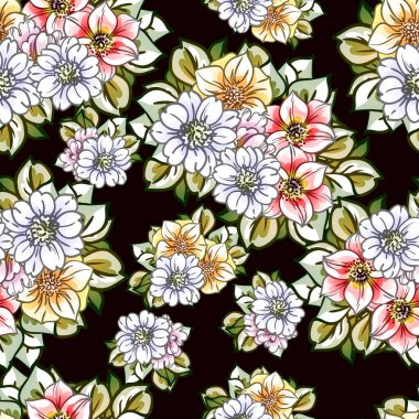 Kusursuz eski tarz süslemeli çiçek deseni. Siyah arkaplanda çiçek elementleri