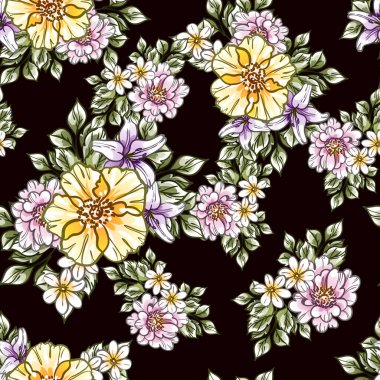 Kusursuz eski tarz süslemeli çiçek deseni. Siyah arkaplanda çiçek elementleri
