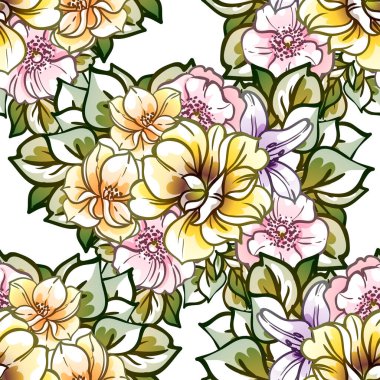 Kusursuz eski tarz süslemeli çiçek deseni. Çiçeksel elementler konturda