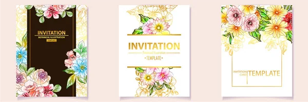 Set Colored Invitation Cards Vintage Style Flowers Pattern — Stock Vector