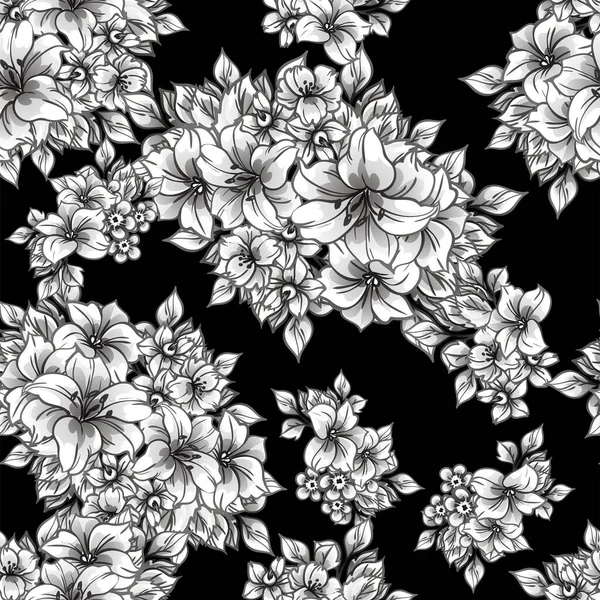シームレスなヴィンテージスタイルの華やかな花のパターン 輪郭に黒 青の花の要素 — ストックベクタ