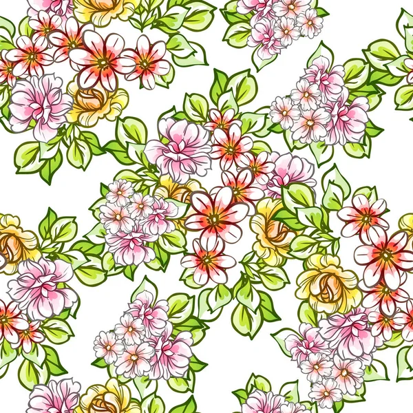 Sömlös Vintage Stil Utsmyckade Blommor Mönster Blommiga Inslag Konturen — Stock vektor