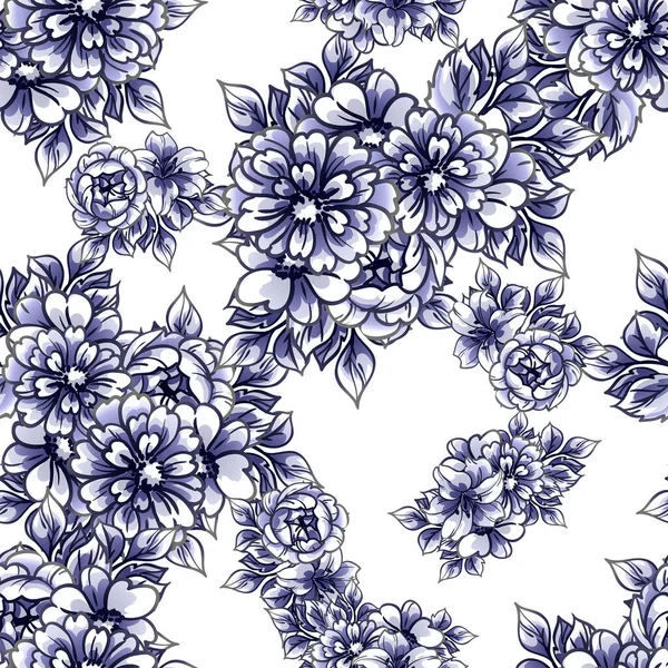 Nahtlose Vintage Stil Verzierte Blumenmuster Schwarz Weiß Und Blau Gefärbte — Stockvektor