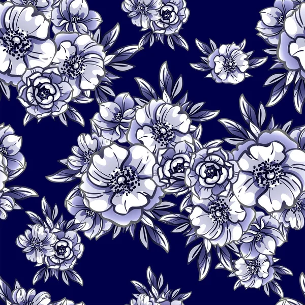 Naadloze Vintage Stijl Sierlijke Bloemen Patroon Zwart Wit Blauw Gekleurde — Stockvector