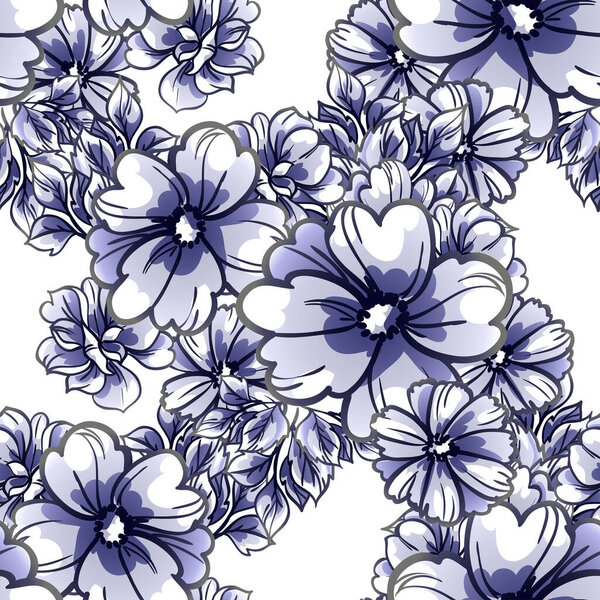 В винтажном стиле "съели" цветочный узор. черный, белый и синий цветочные элементы в контуре