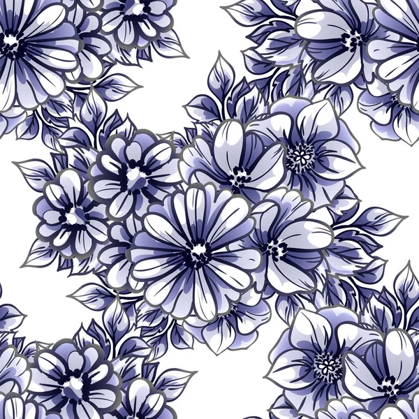 Zökkenőmentes Vintage Stílusú Díszes Virágok Minta Fekete Fehér Kék Színű — Stock Vector