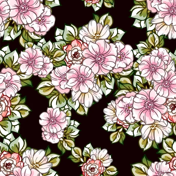Seamless Vintage Style Ornate Flowers Pattern Floral Elements Contour Black — Stock Vector