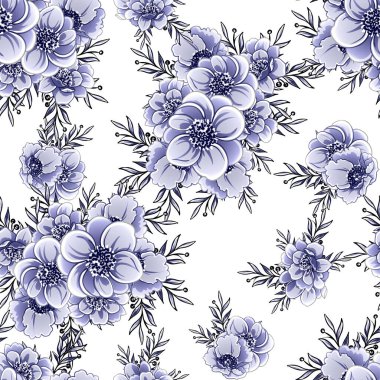 Beyaz üzerinde mavi çiçekler olan kusursuz vektör deseni
