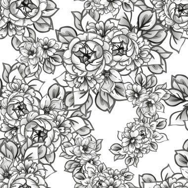 Beyaz üzerine siyah çizgili çiçekler çizilmiş kusursuz vektör deseni