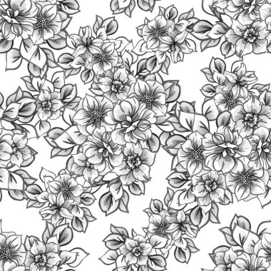 Beyaz üzerine siyah çizgili çiçekler çizilmiş kusursuz vektör deseni