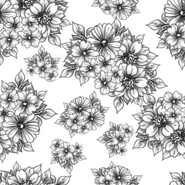 Beyaz üzerine siyah çizgili çiçekler çizilmiş kusursuz vektör deseni
