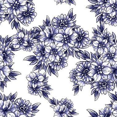 Beyaz üzerinde mavi çiçekler olan kusursuz vektör deseni