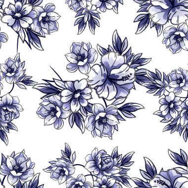 Beyaz üzerinde mavi çiçekler olan kusursuz vektör deseni