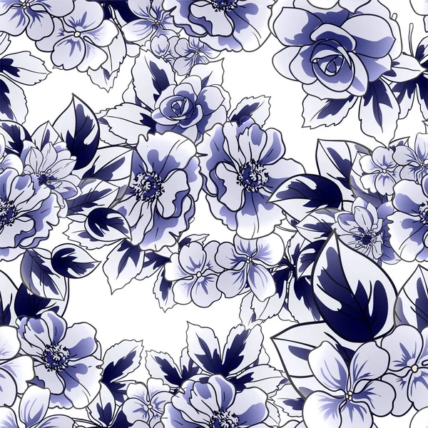 白地に青い花をつけたシームレスなベクトルパターン — ストックベクタ