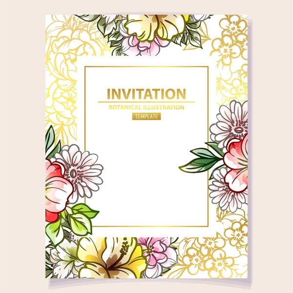 Frame Surrounded Golden Colorful Flowers Invitation Card Design — Stock Vector