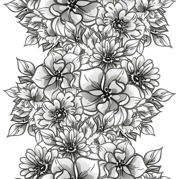 Beyaz Üzerine Siyah Çizgili Çiçekler Çizilmiş Kusursuz Vektör Deseni — Stok Vektör