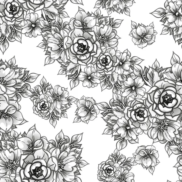 Nahtloses Vektormuster Mit Schwarz Gesäumten Blumen Auf Weiß — Stockvektor