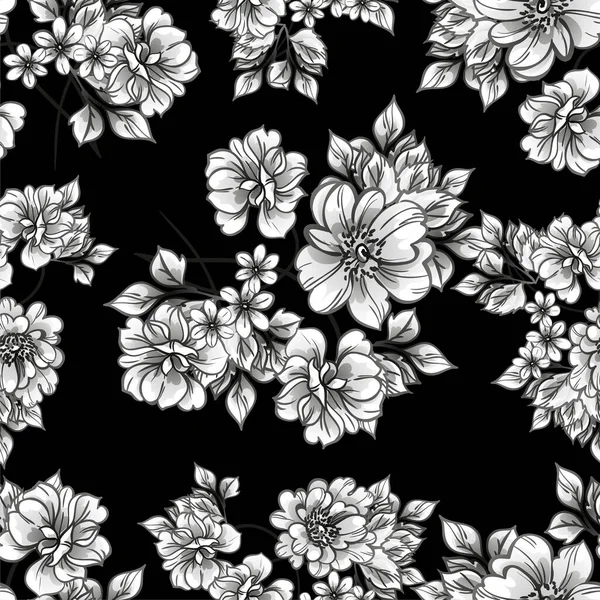 Seamless Vector Pattern Black Lined Flowers Black — Stock Vector