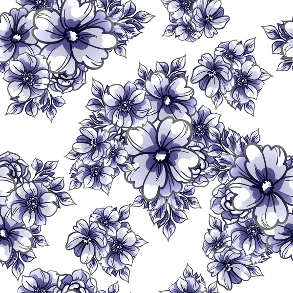 Sömlös Vektor Mönster Med Blå Blommor Vit — Stock vektor