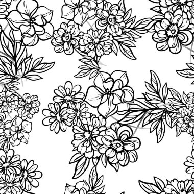 Beyaz üzerine siyah çizgili çiçekler çizilmiş kusursuz vektör deseni