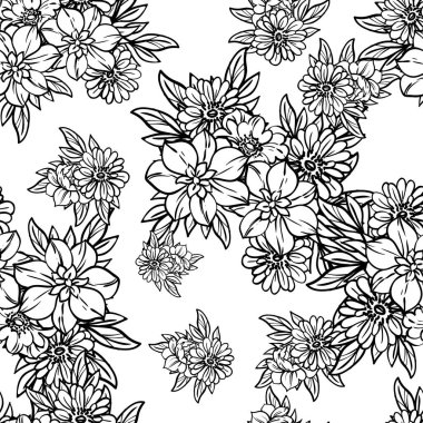 Beyaz üzerine siyah çizgili çiçekler çizilmiş kusursuz vektör deseni