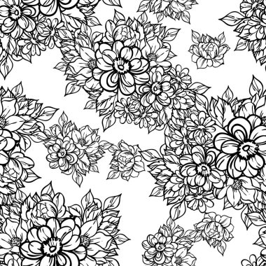 Beyaz üzerine siyah çizgili çiçekler çizilmiş kusursuz vektör deseni