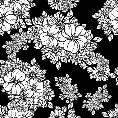 Siyah çizgili siyah çiçekli kusursuz vektör deseni