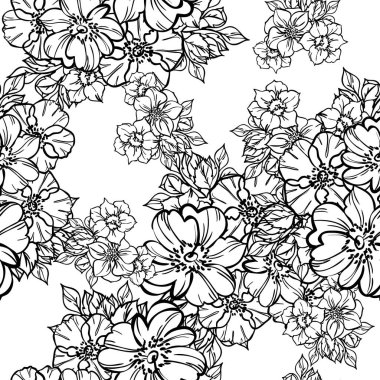 Beyaz üzerine siyah çizgili çiçekler çizilmiş kusursuz vektör deseni