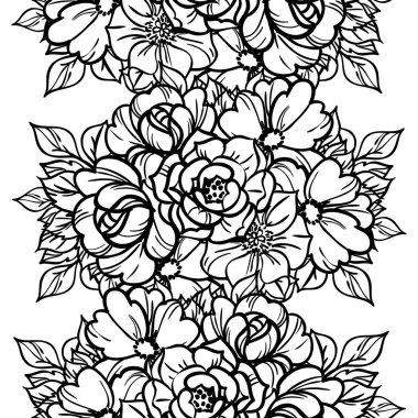 Beyaz üzerine siyah çizgili çiçekler çizilmiş kusursuz vektör deseni