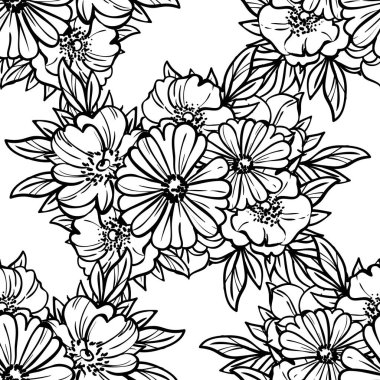 Beyaz üzerine siyah çizgili çiçekler çizilmiş kusursuz vektör deseni