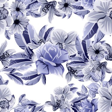 Beyaz üzerinde mavi çiçekler olan kusursuz vektör deseni