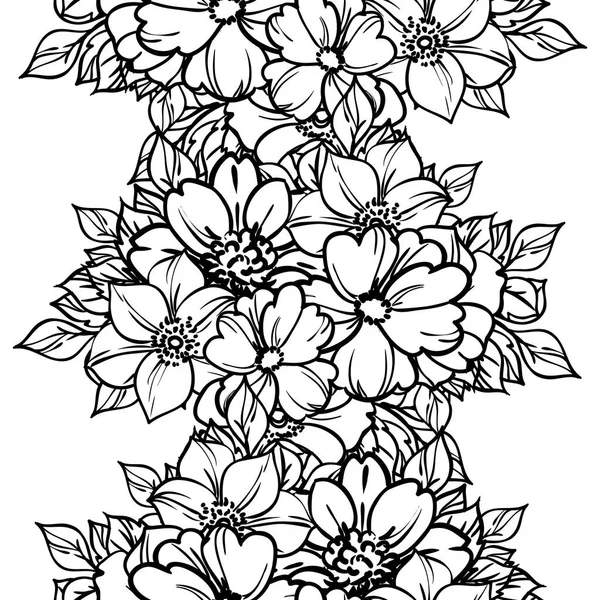 Seamless Vector Pattern Black Lined Flowers White — Stock Vector