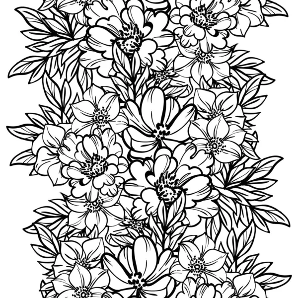 Seamless Vector Pattern Black Lined Flowers White — Stock Vector