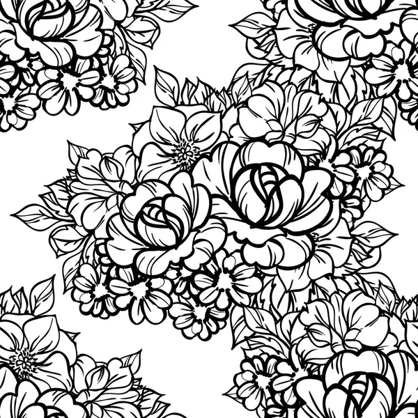 Seamless Vector Pattern Black Lined Flowers White — Stock Vector