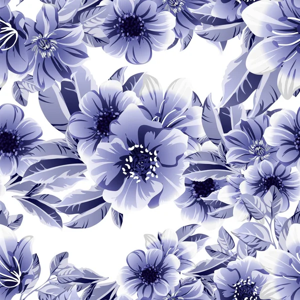 Nahtloses Vektormuster Mit Blauen Blumen Auf Weißem Grund — Stockvektor