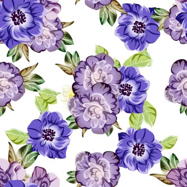 Güzel mor çiçekleri ve yeşil yaprakları olan kusursuz vektör deseni