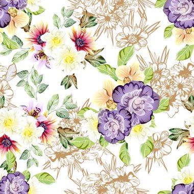 Güzel renkli çiçekler, kusursuz vektör deseni 
