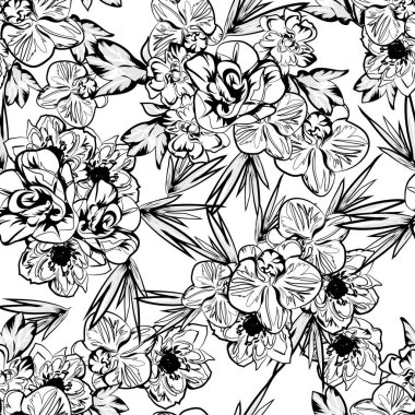 Beyaz üzerinde siyah çiçekler olan kusursuz vektör deseni