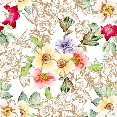 Güzel renkli çiçekler, kusursuz vektör deseni 