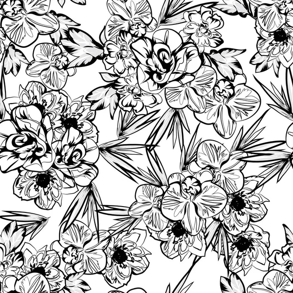 Beyaz üzerinde siyah çiçekler olan kusursuz vektör deseni