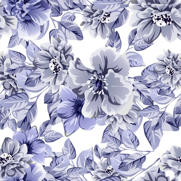 Patrón Vector Sin Costuras Con Flores Azules Blanco — Vector de stock