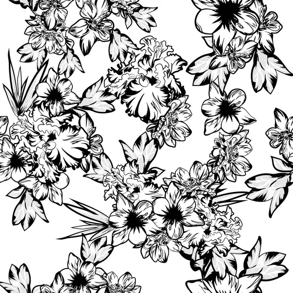 Motif Vectoriel Sans Couture Avec Des Fleurs Noires Sur Blanc — Image vectorielle