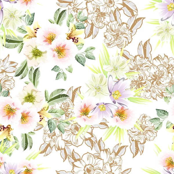 美しいカラフルな花 シームレスなベクトルパターン — ストックベクタ